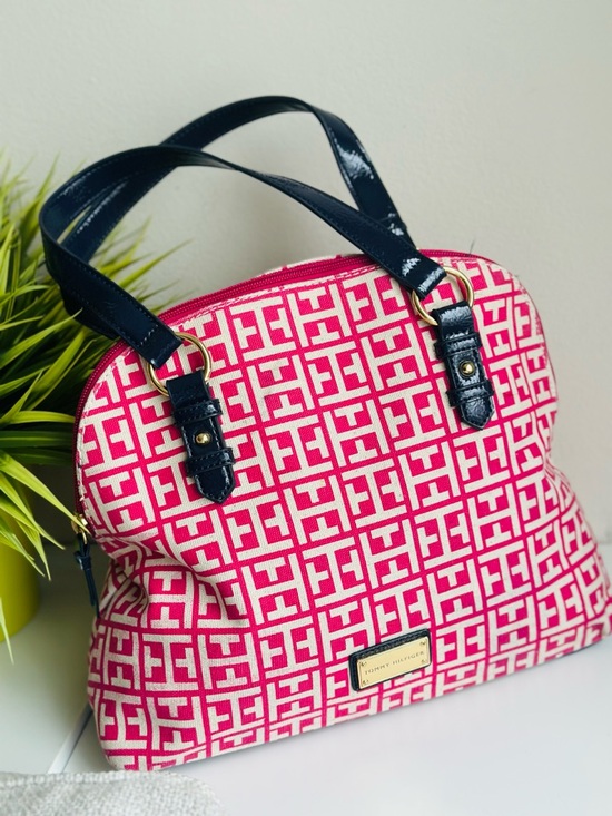 Tommy Hilfiger Handbags - Tommy Hilfiger | Hot Pink Canvas Patterned Satchel with Black Patent Handles
